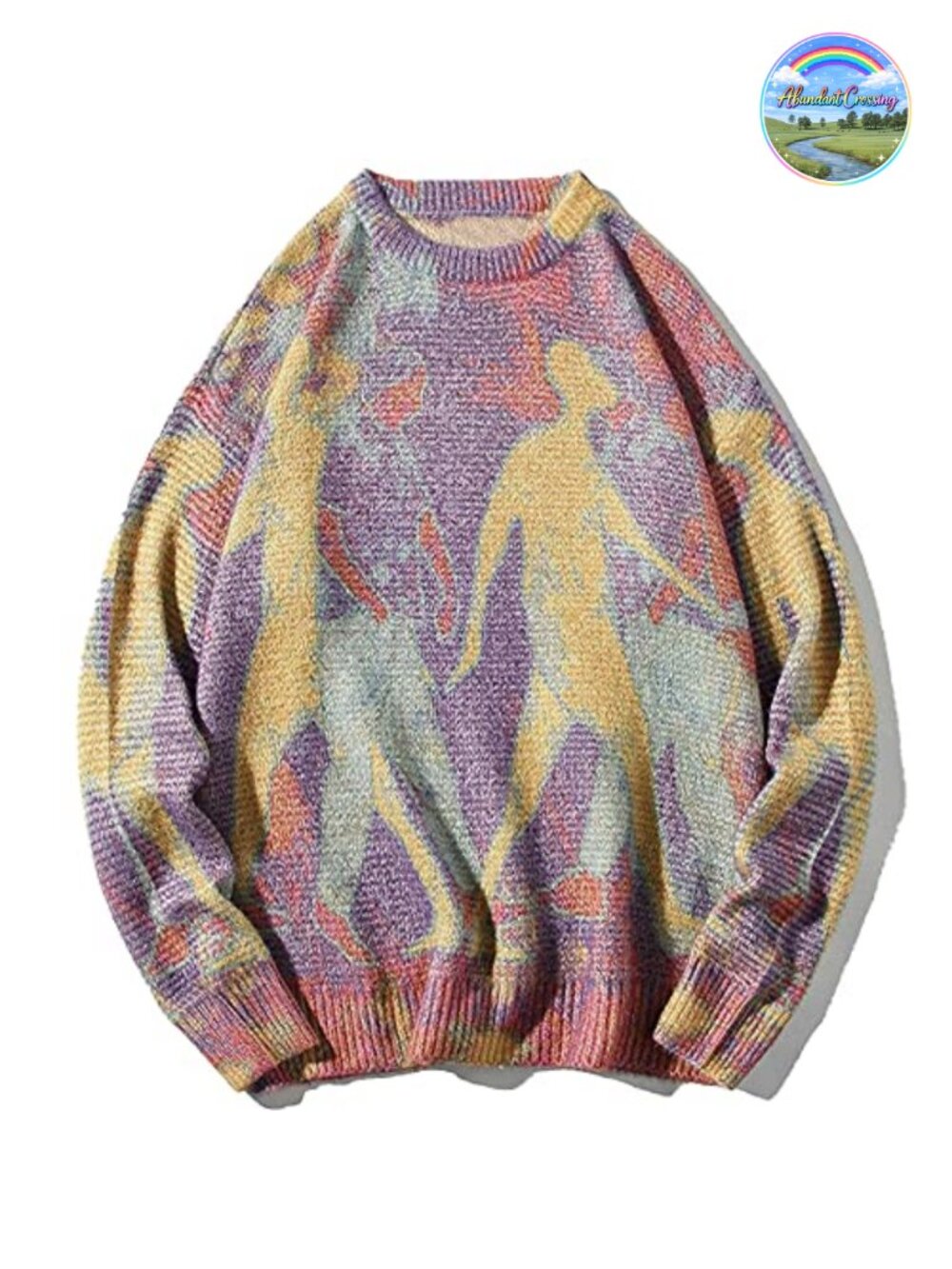 Unisex Vintage Graphic Color Block Knit Crew Neck Pullover Sweater